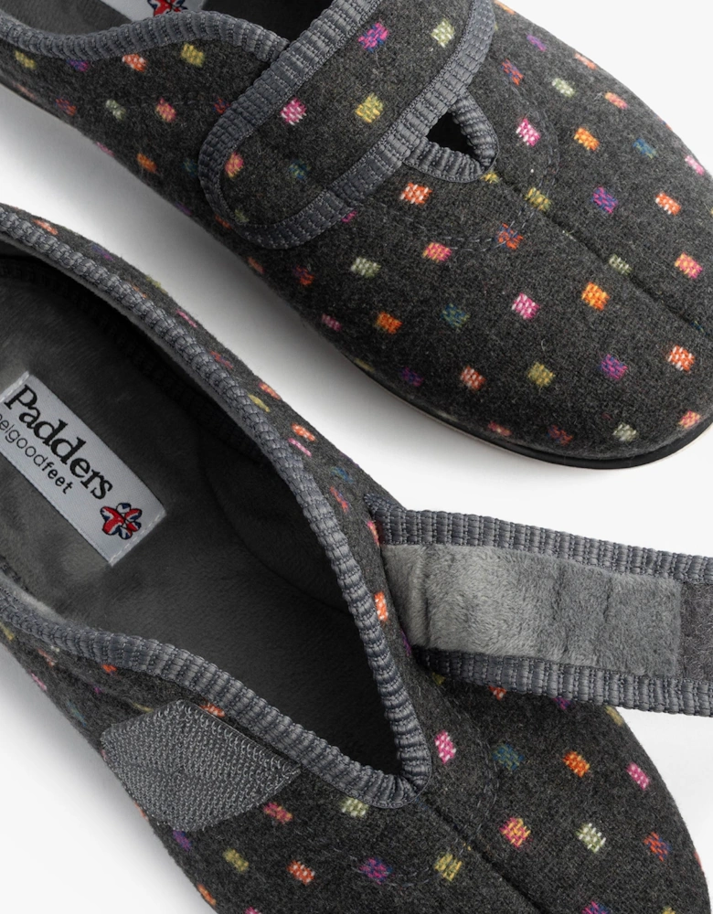 CAMILLA Womens (2E Fit) Touch Fasten Polka Dot Slippers Grey/Multi