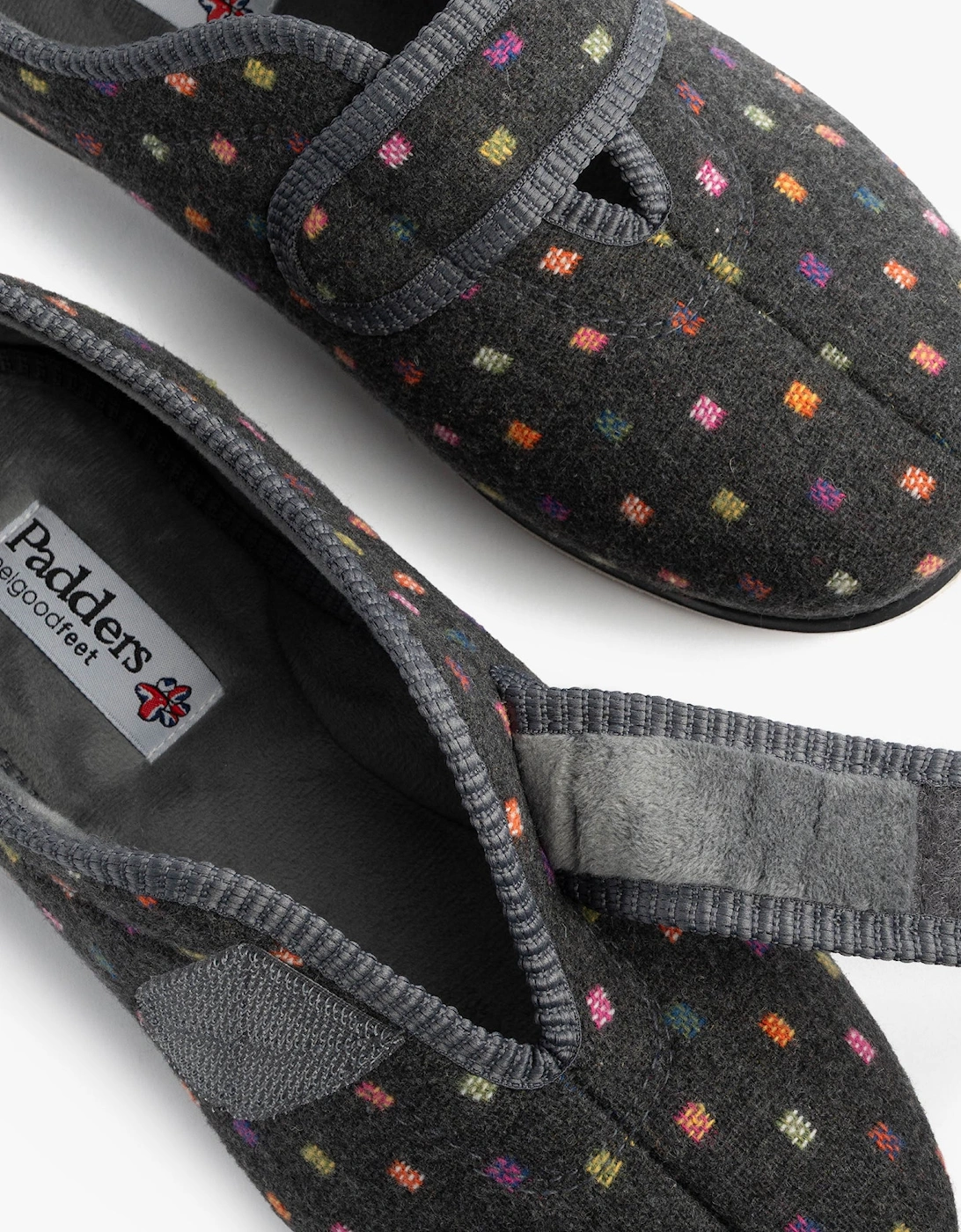 CAMILLA Womens (2E Fit) Touch Fasten Polka Dot Slippers Grey/Multi