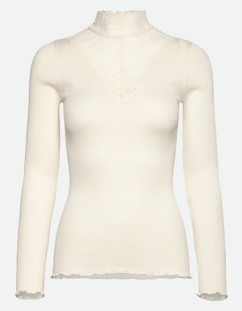 Beatha silk long sleeve tee with high lace neck white
