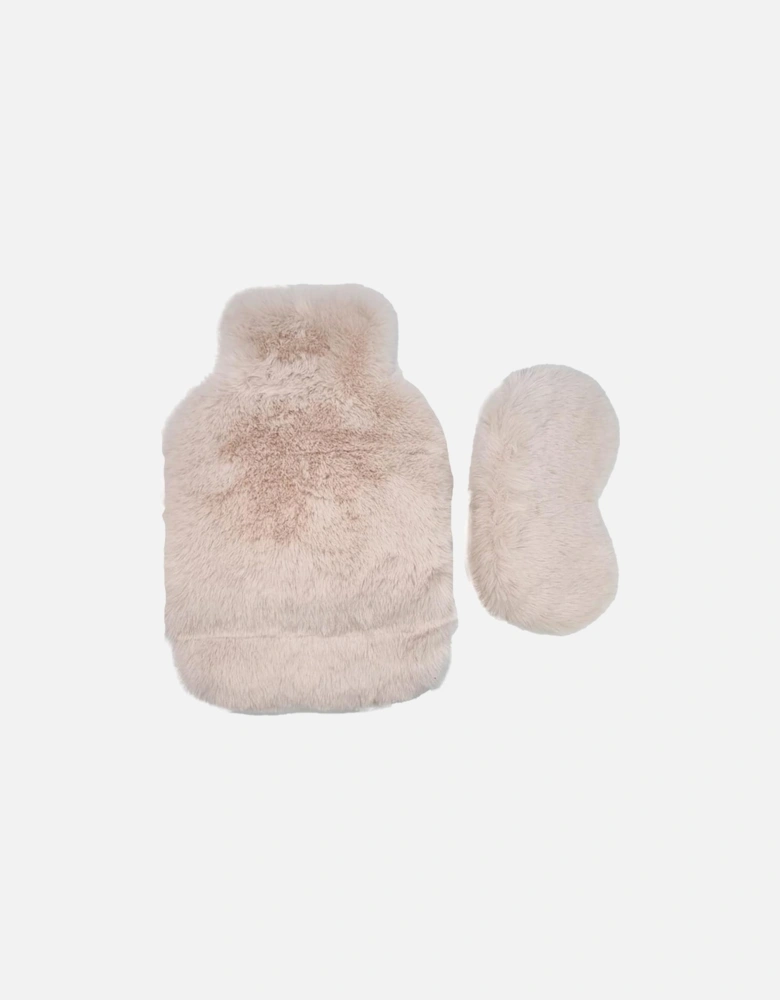 Faux Fur Hot Water Bottle and Eye Mask Set In Cream
