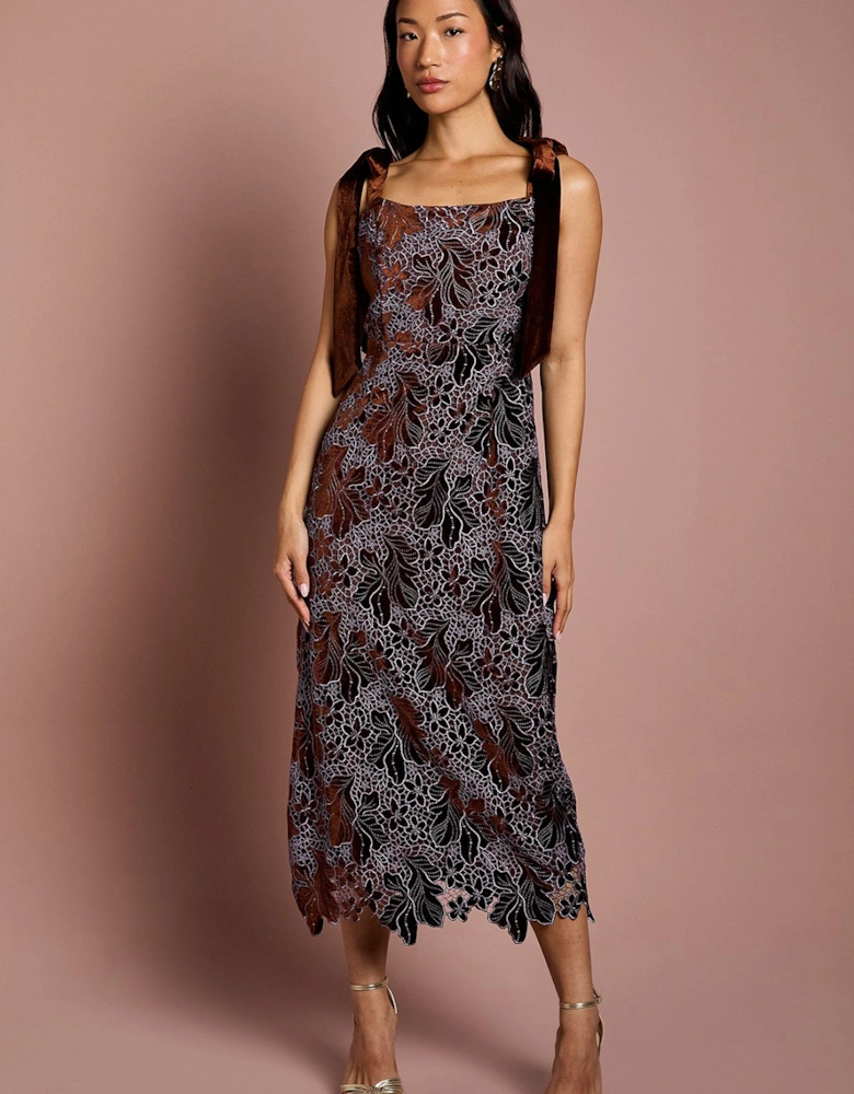Cut Out Velvet Lace Tie Shoulder Column Midi Dress