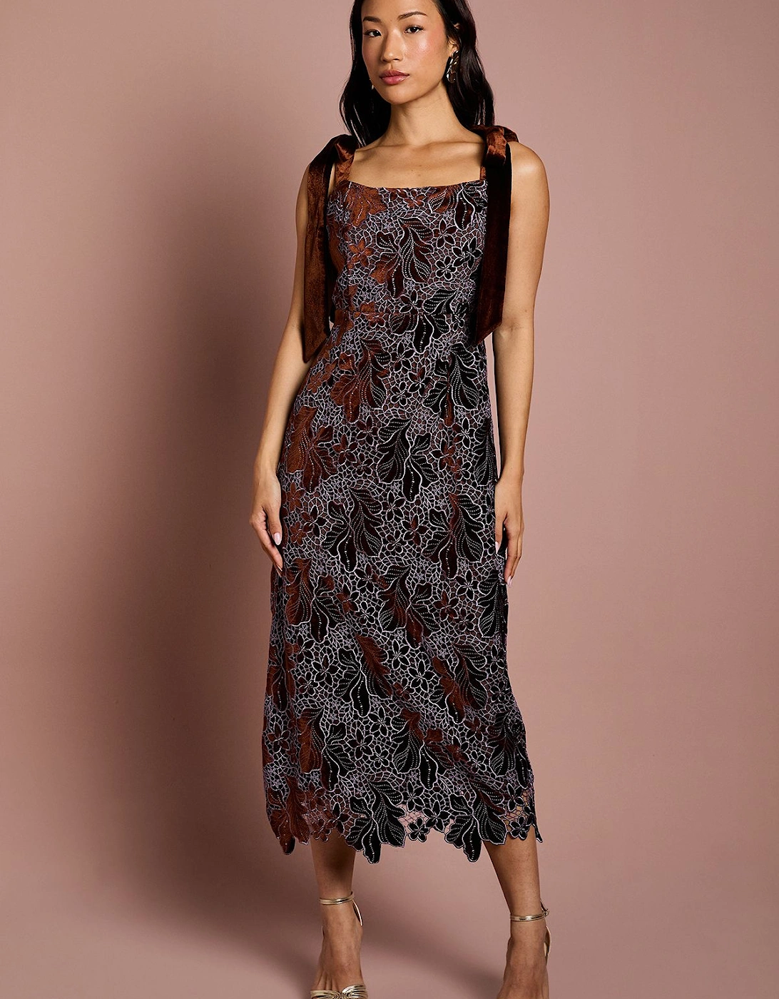 Cut Out Velvet Lace Tie Shoulder Column Midi Dress, 2 of 1