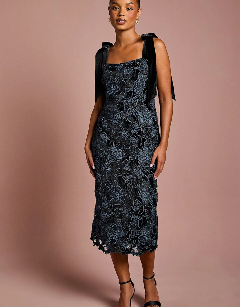 Petite Cut Out Velvet Lace Tie Shoulder Column Midi Dress