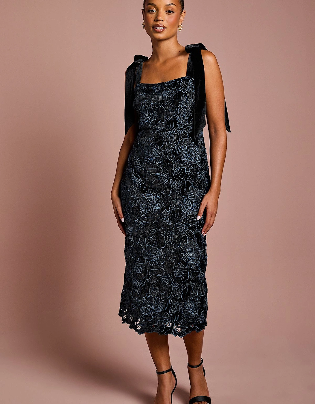 Petite Cut Out Velvet Lace Tie Shoulder Column Midi Dress, 2 of 1