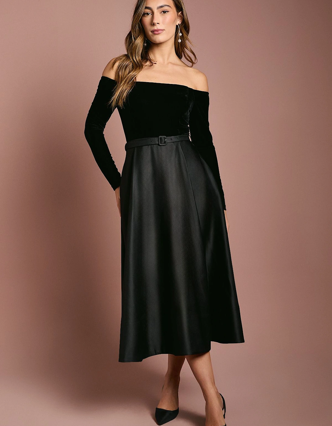 Long Sleeve Bardot Full Skirted Midi Dress, 2 of 1