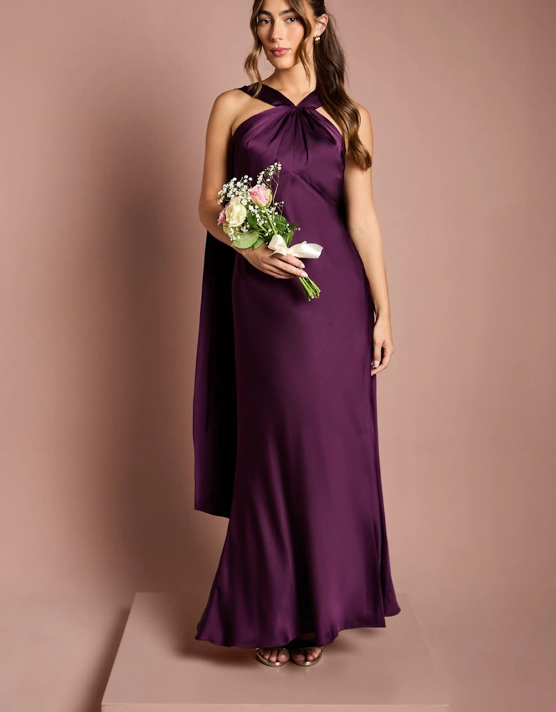Satin Halterneck Maxi Bridesmaid Dress with Over The Shoulder Drape Detail