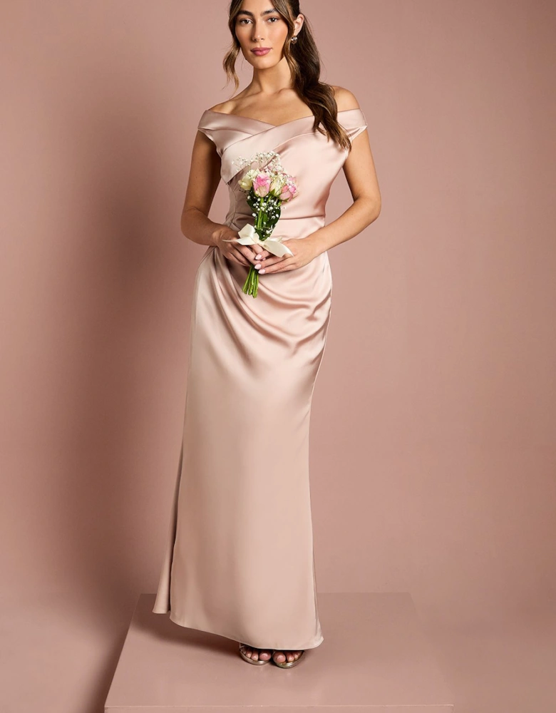 Satin Bardot Bridesmaid Maxi Dress with Waist Ruching Detail