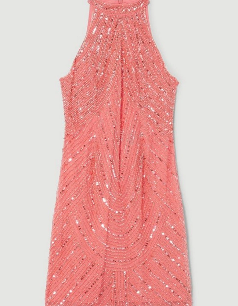 Crystal Embellished Halter Neck Woven Mini Dress