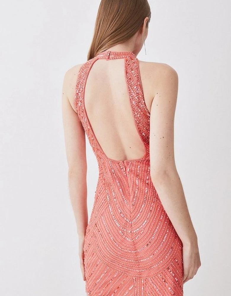 Crystal Embellished Halter Neck Woven Mini Dress
