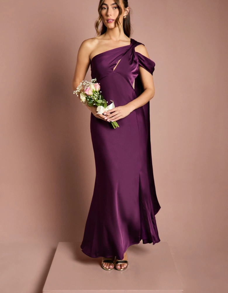 Satin One Shoulder Fishtail Maxi Bridesmaid Dress with Drape Detail