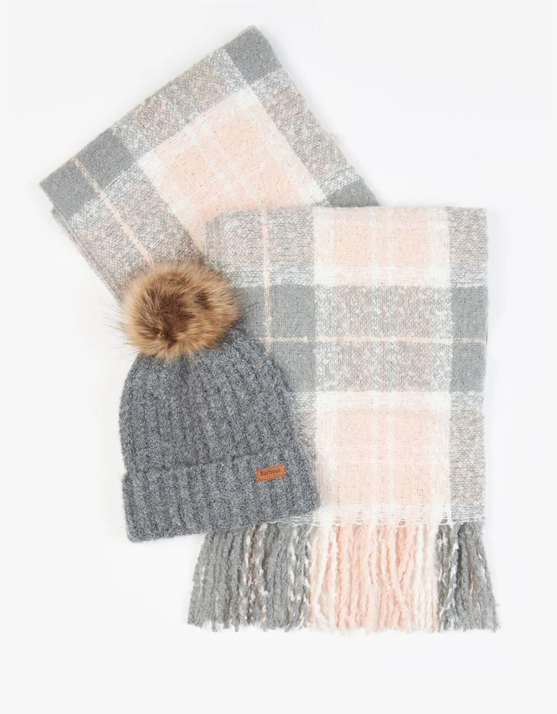 SALTBURN BEANIE & TARTAN SCARF Womens Gift Set Grey Rose