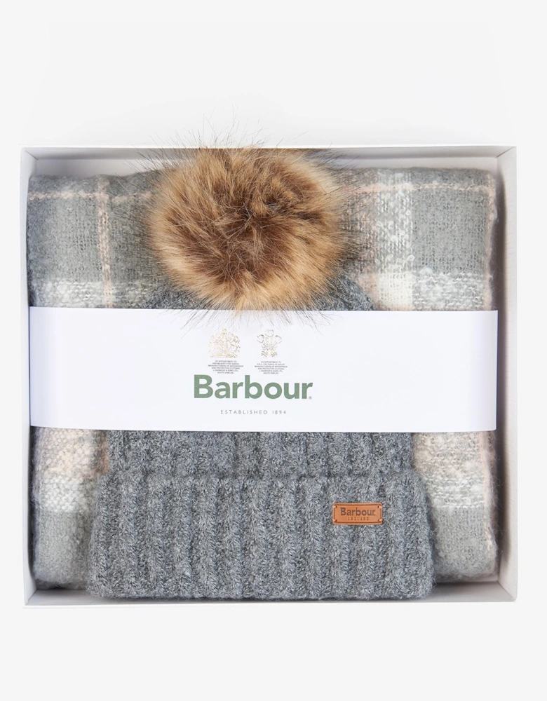 SALTBURN BEANIE & TARTAN SCARF Womens Gift Set Grey Rose