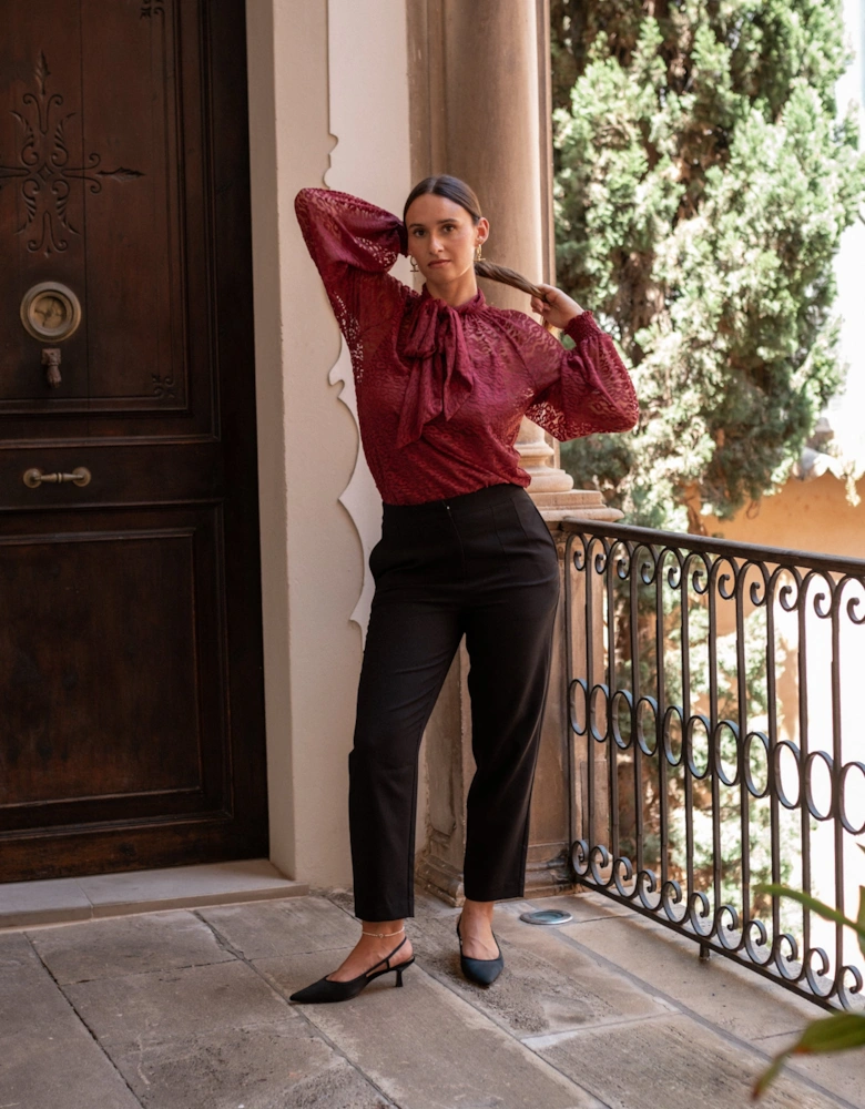 Burgundy Animal Lace Neck Tie Detail Blouse