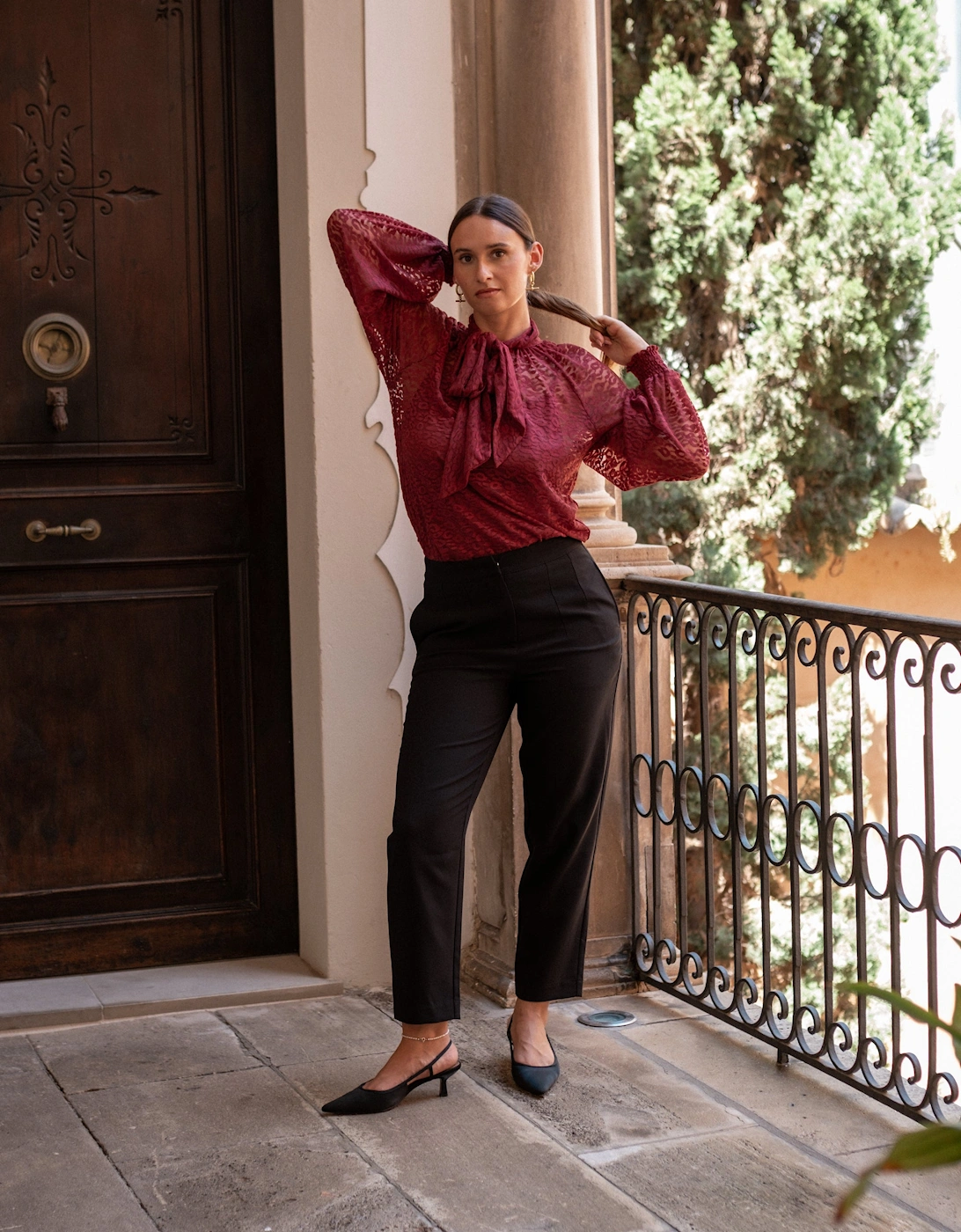 Burgundy Animal Lace Neck Tie Detail Blouse