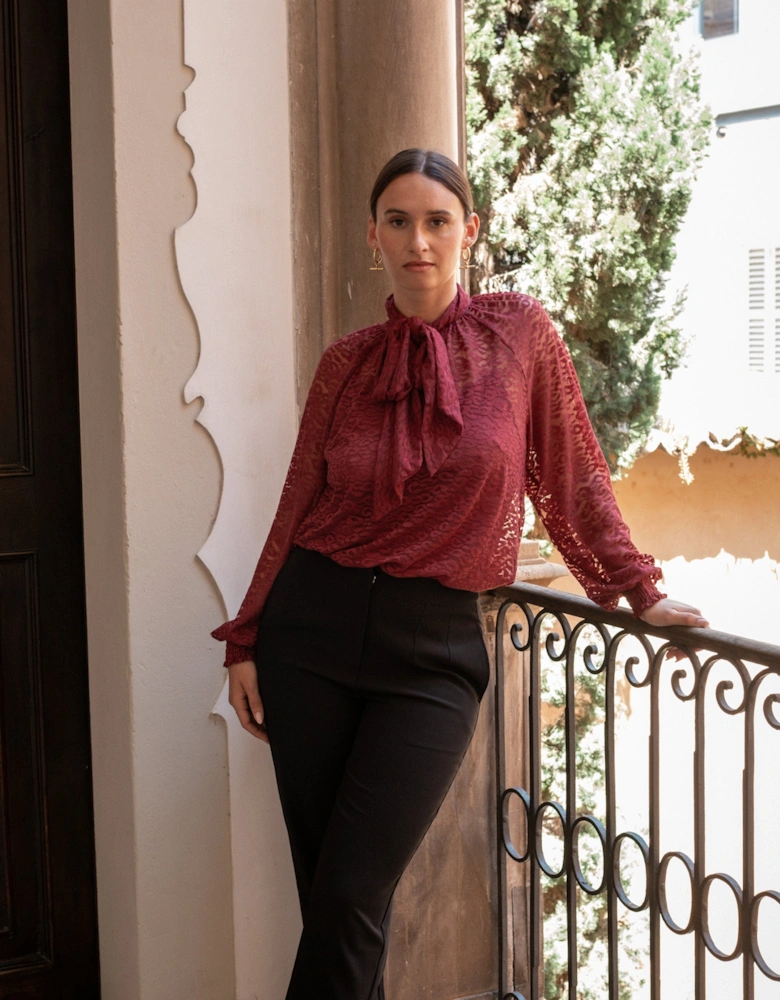 Burgundy Animal Lace Neck Tie Detail Blouse