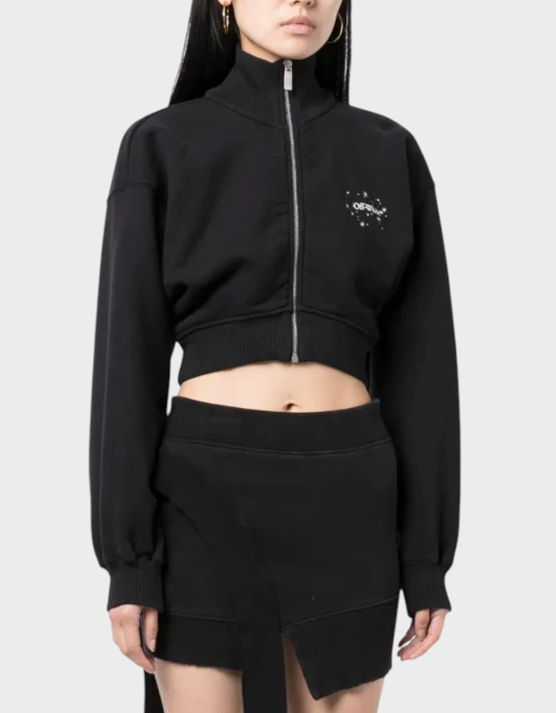 Bling Stars Arrow Cropped Zip Up Black