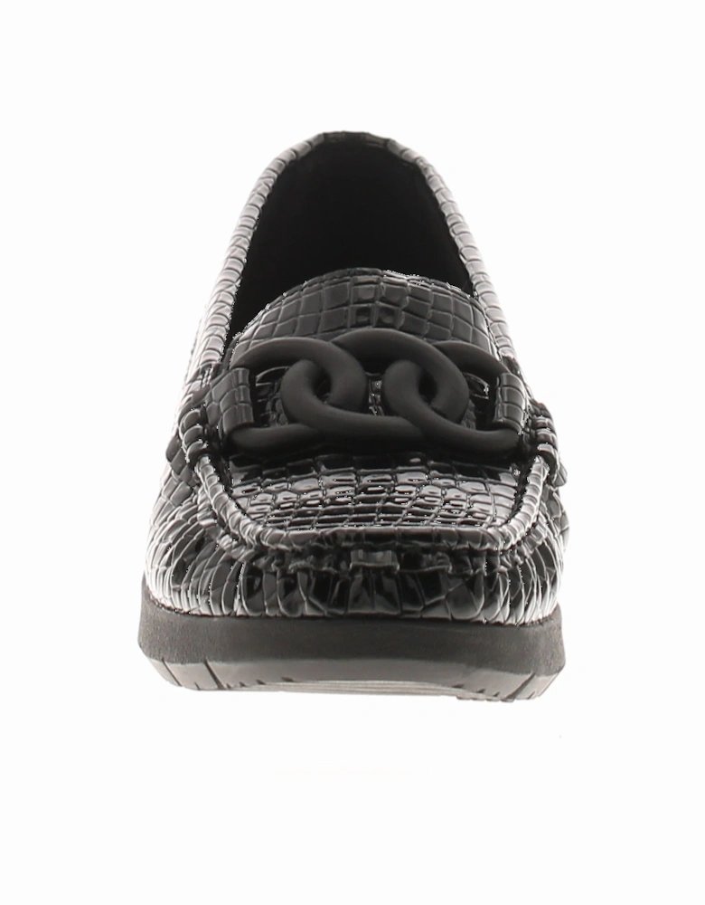 Womens Shoes Curve Slip On Croc Effect Loafer Wedges Patent Black UK S