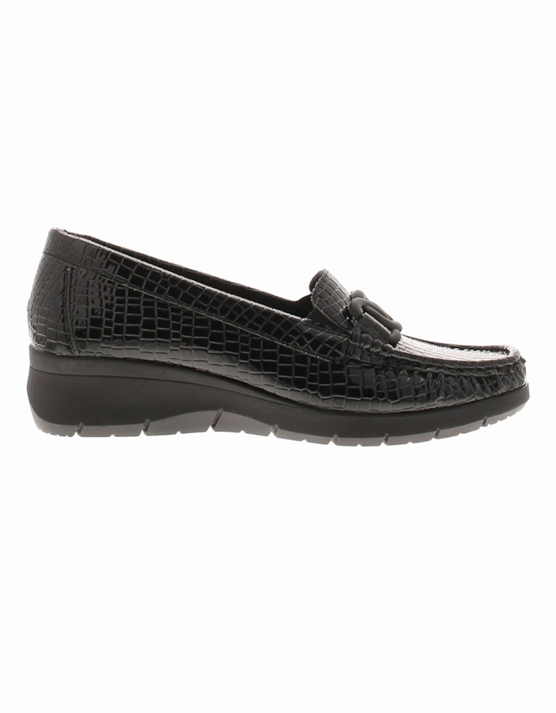 Womens Shoes Curve Slip On Croc Effect Loafer Wedges Patent Black UK S