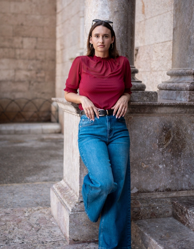 Red High Neck Lace Loose Fit Blouse