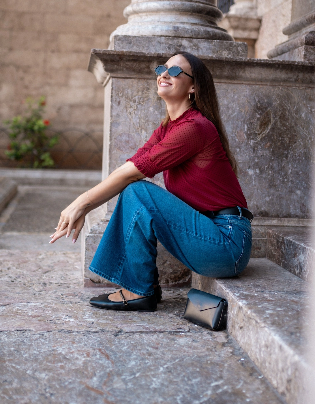 Red High Neck Lace Loose Fit Blouse