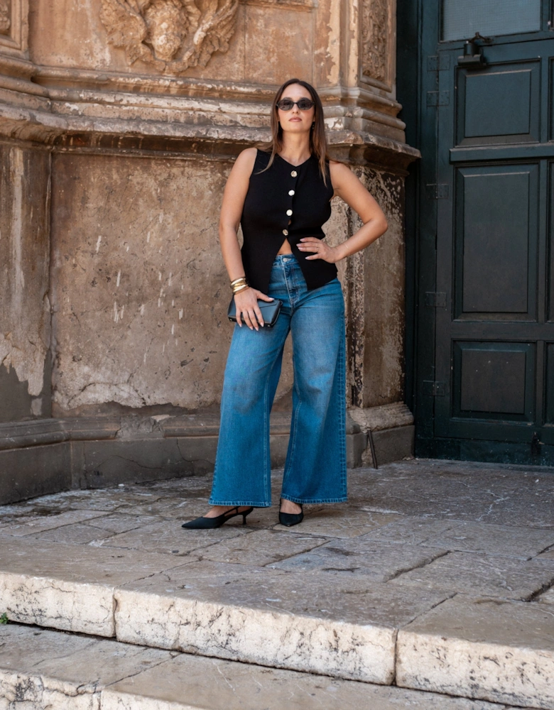 Black Button Front Compact Knit Waistcoat