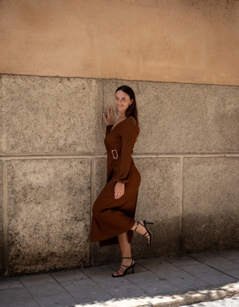 Brown Jersey Texture Wrap Metal Trim Midi Dress