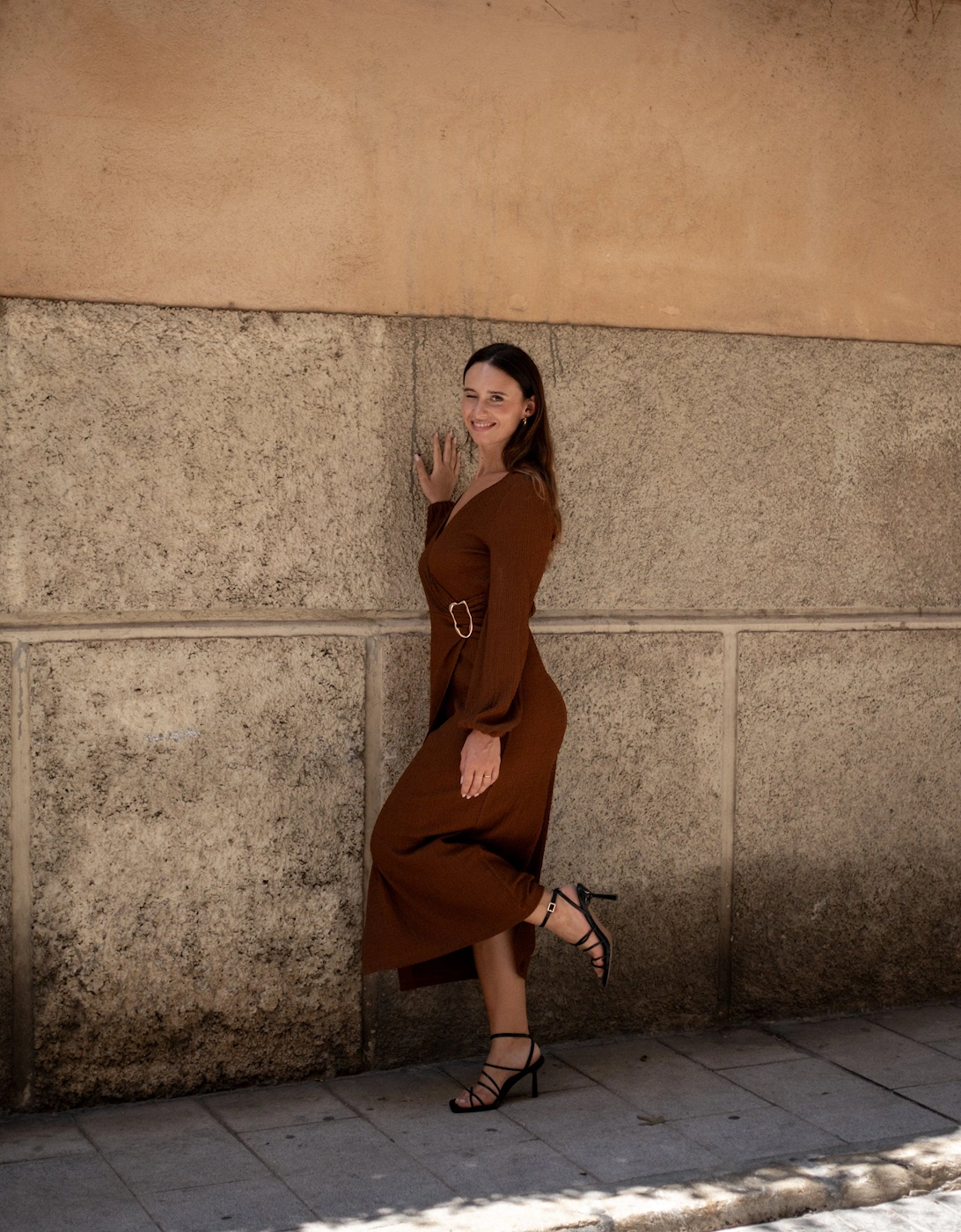 Brown Jersey Texture Wrap Metal Trim Midi Dress