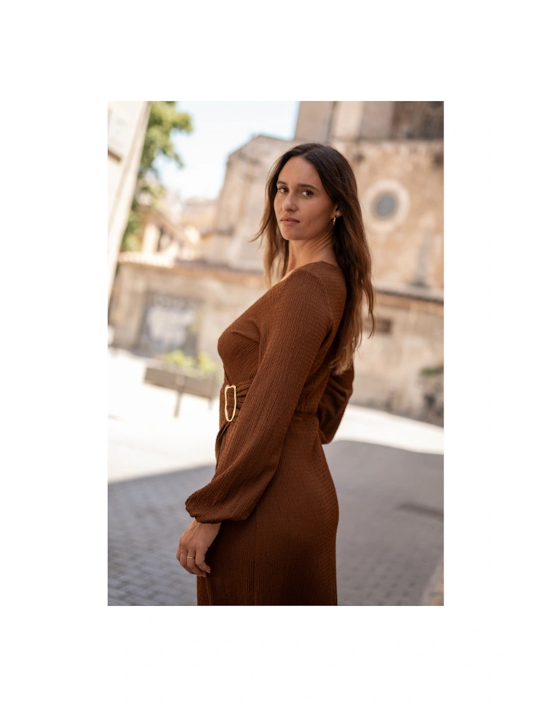 Brown Jersey Texture Wrap Metal Trim Midi Dress