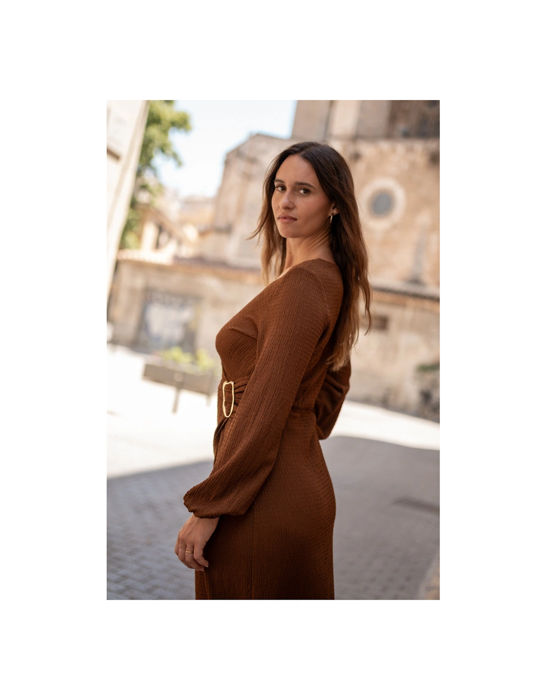 Brown Jersey Texture Wrap Metal Trim Midi Dress