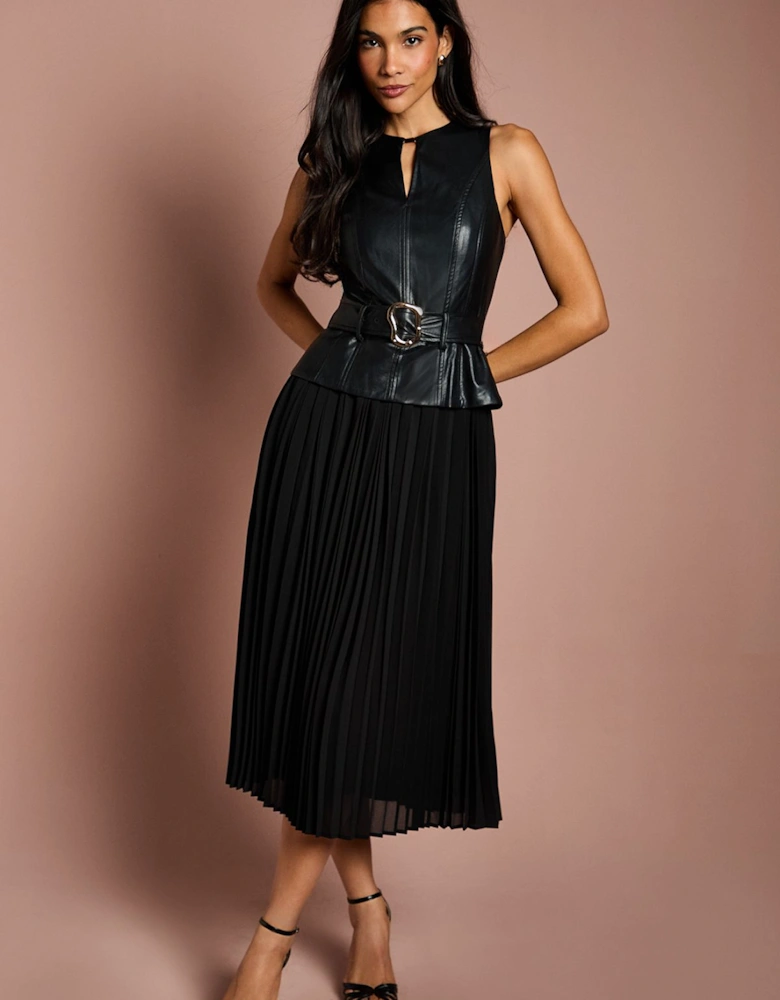 PU Pleated Chiffon Skirt Midi Dress