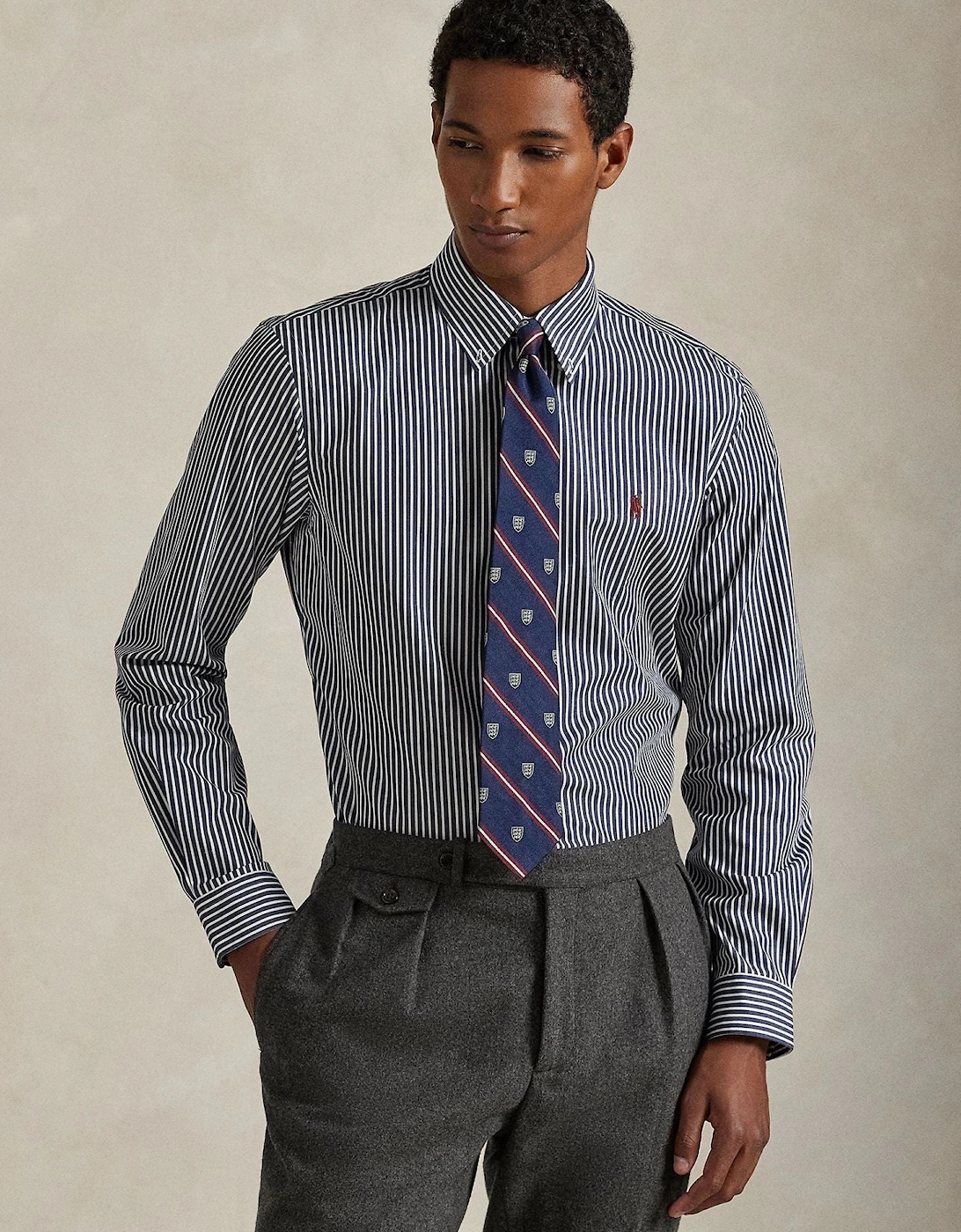 Ralph Lauren Custom Fit Striped Stretch Poplin Shirt - Newport Navy White