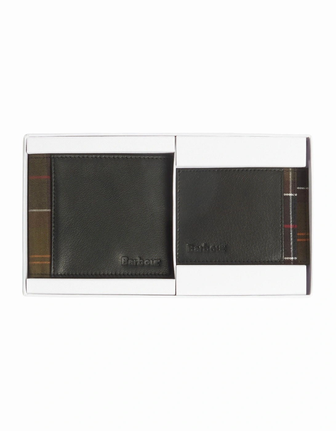 Mens Leather/Tartan Wallet & Card Holder Gift Set - Black/Classic Tartan