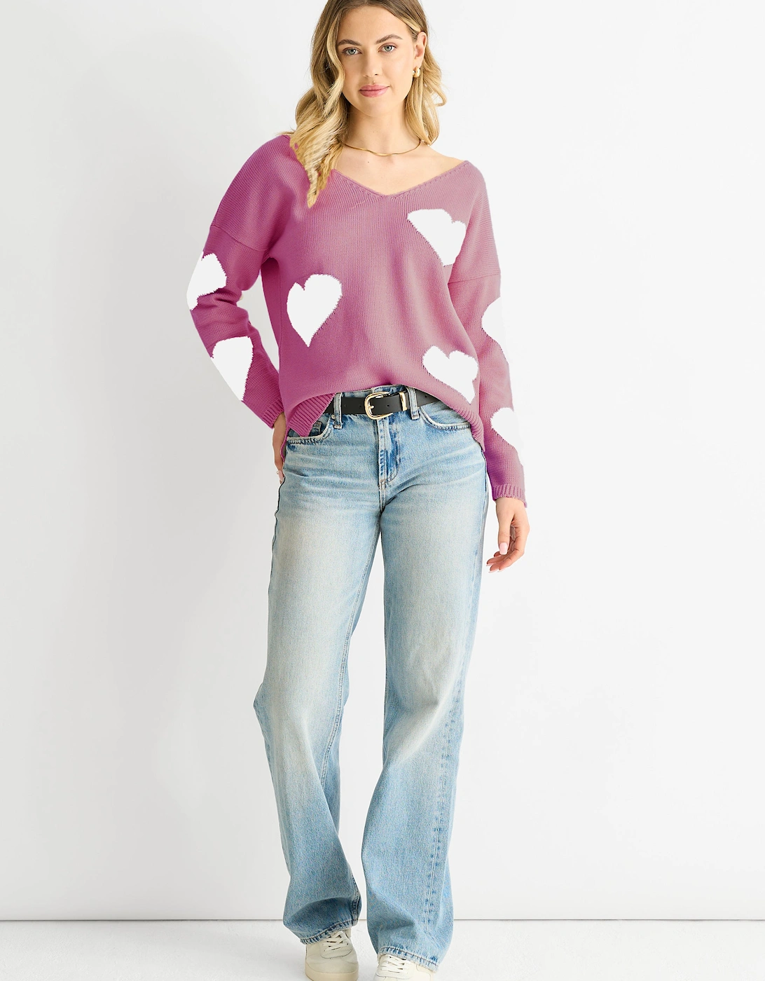 Gini London Women's Dusty Pink V Neck Heart Knit Jumper - Size: 12/14