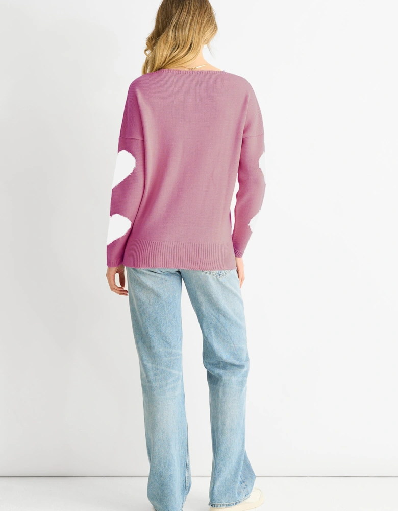 Dusty Pink V Neck Oversized Heart Knit Jumper