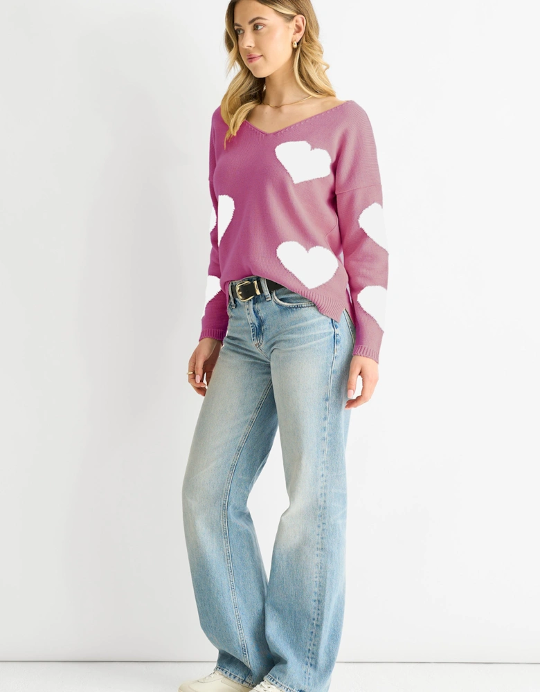 Dusty Pink V Neck Oversized Heart Knit Jumper