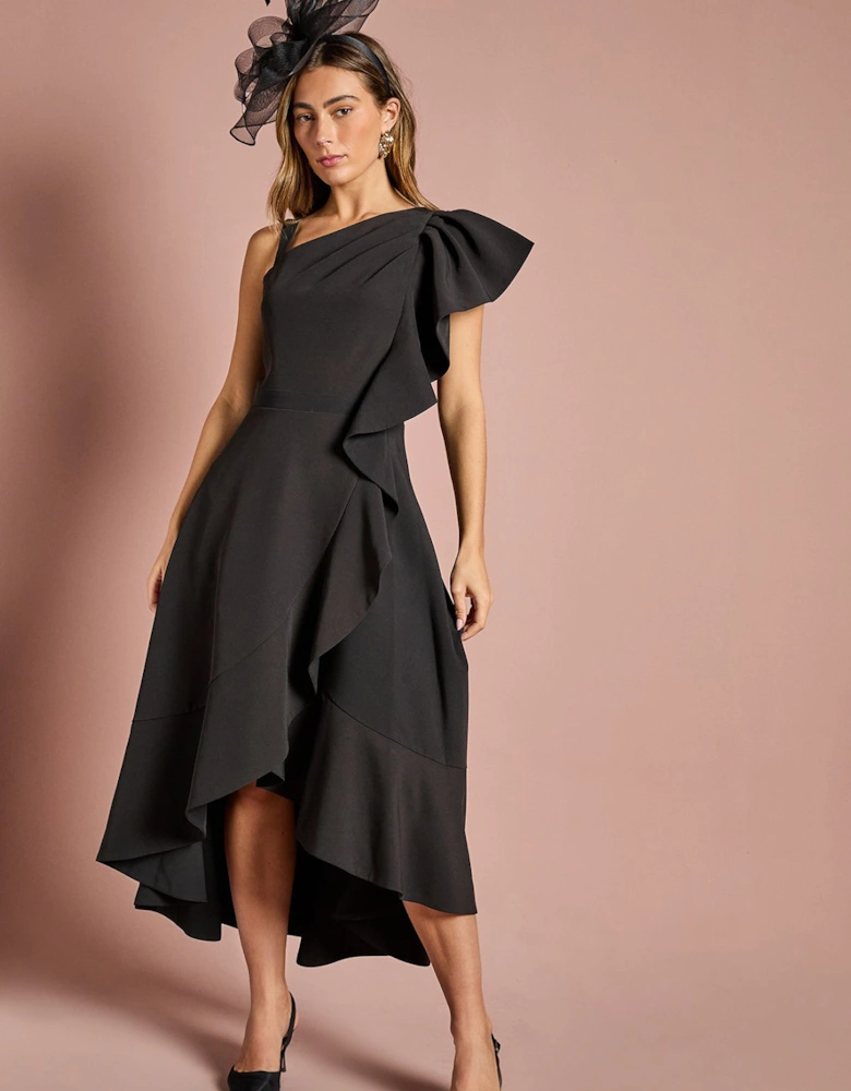 One Shoulder Crepe Ruffle Midi Dress
