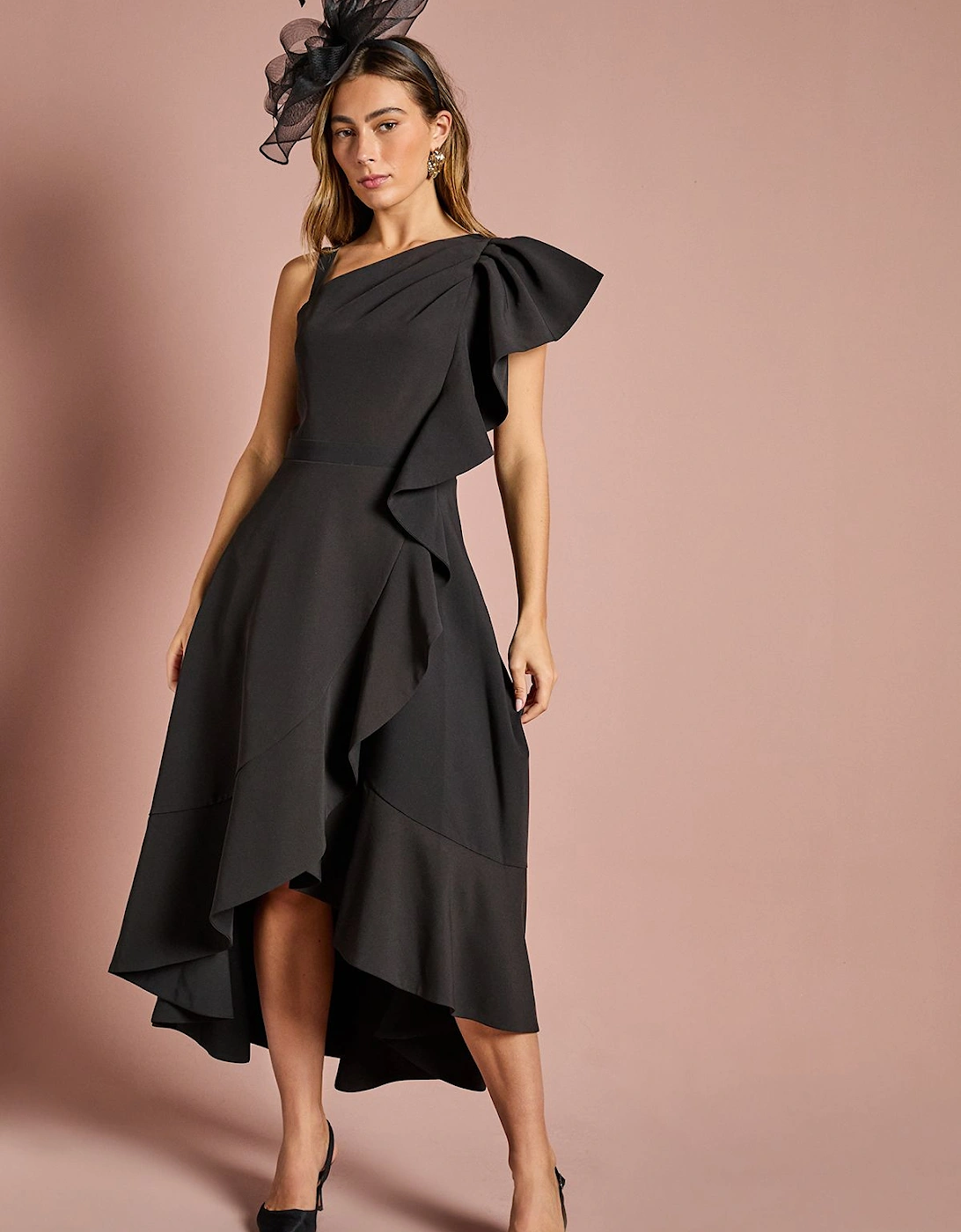 One Shoulder Crepe Ruffle Midi Dress, 2 of 1