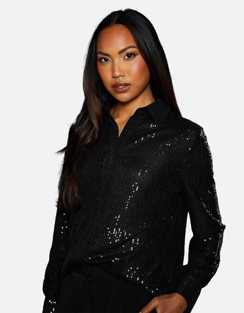 Womens/Ladies Sequins Contrast Collar Shirt