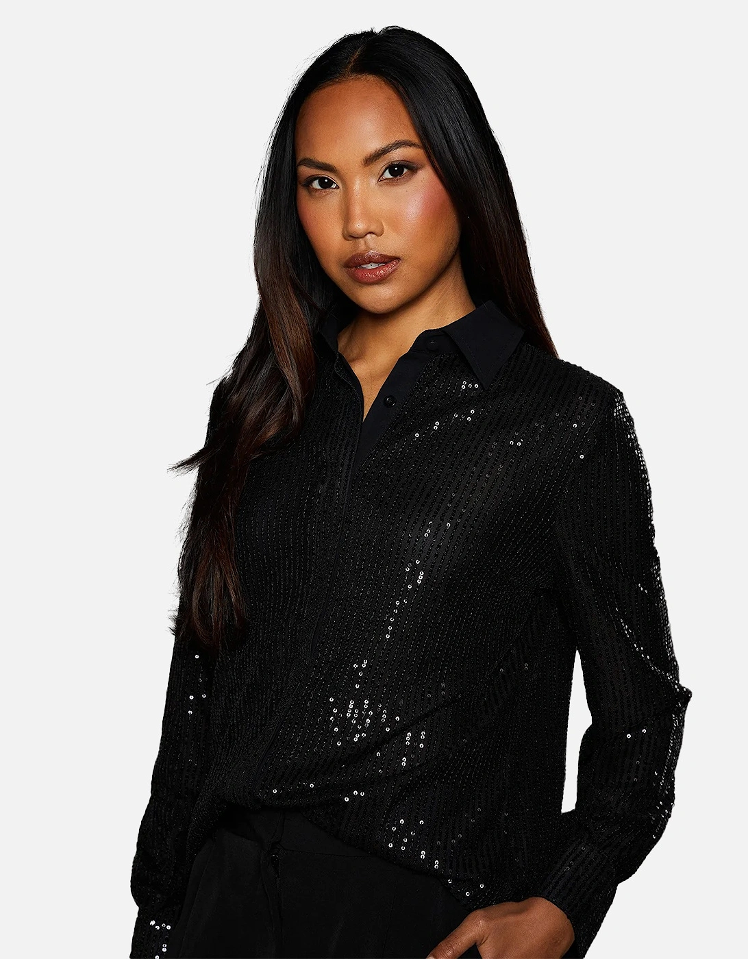 Womens/Ladies Sequins Contrast Collar Shirt