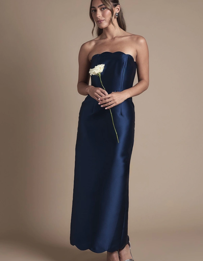 Scallop Detail Twill Column Bridesmaid Dress