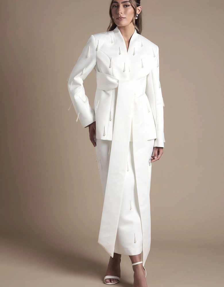 Wrap Satin Bridal Blazer With Pearl