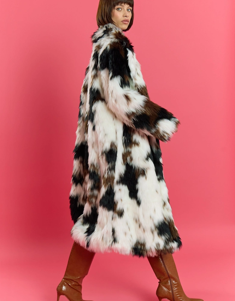 Cream and Brown Bamboo Lyocell Blend Hand Painted Faux Fur Coat