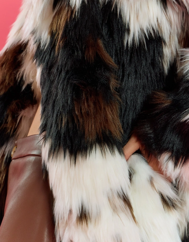 Cream and Brown Bamboo Lyocell Blend Hand Painted Faux Fur Coat