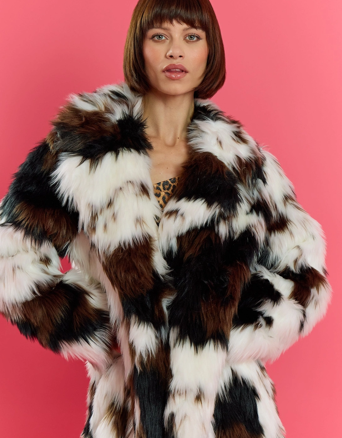 Cream and Brown Bamboo Lyocell Blend Hand Painted Faux Fur Coat