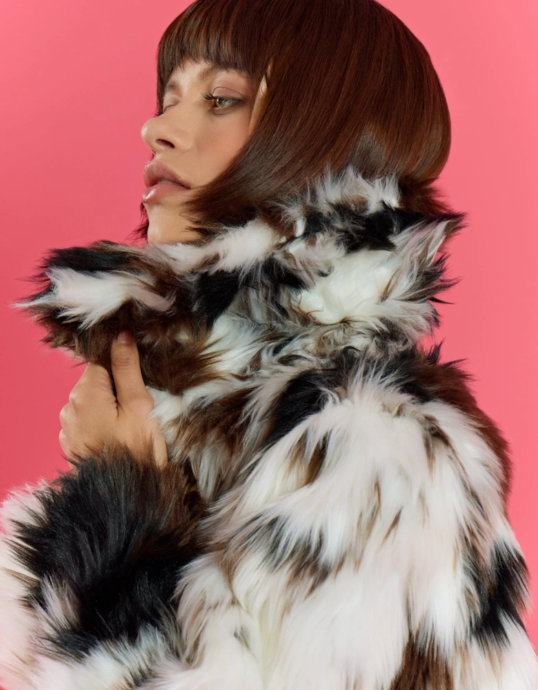 Cream and Brown Bamboo Lyocell Blend Hand Painted Faux Fur Coat