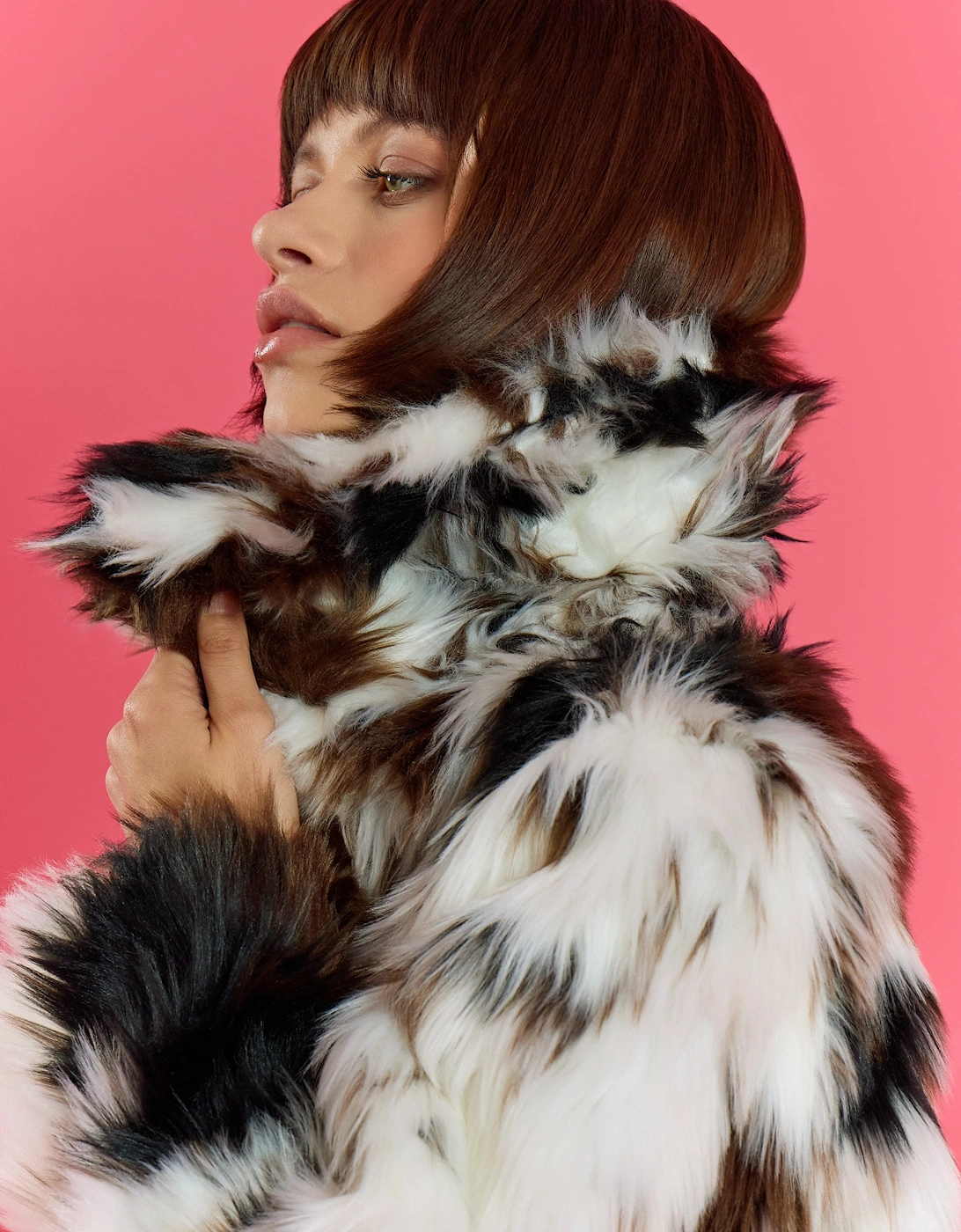 Cream and Brown Bamboo Lyocell Blend Hand Painted Faux Fur Coat