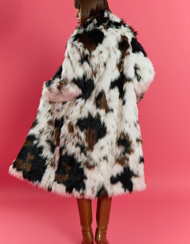 Cream and Brown Bamboo Lyocell Blend Hand Painted Faux Fur Coat