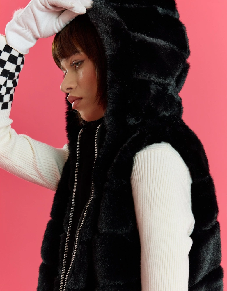 Black Faux Fur Hooded Gilet