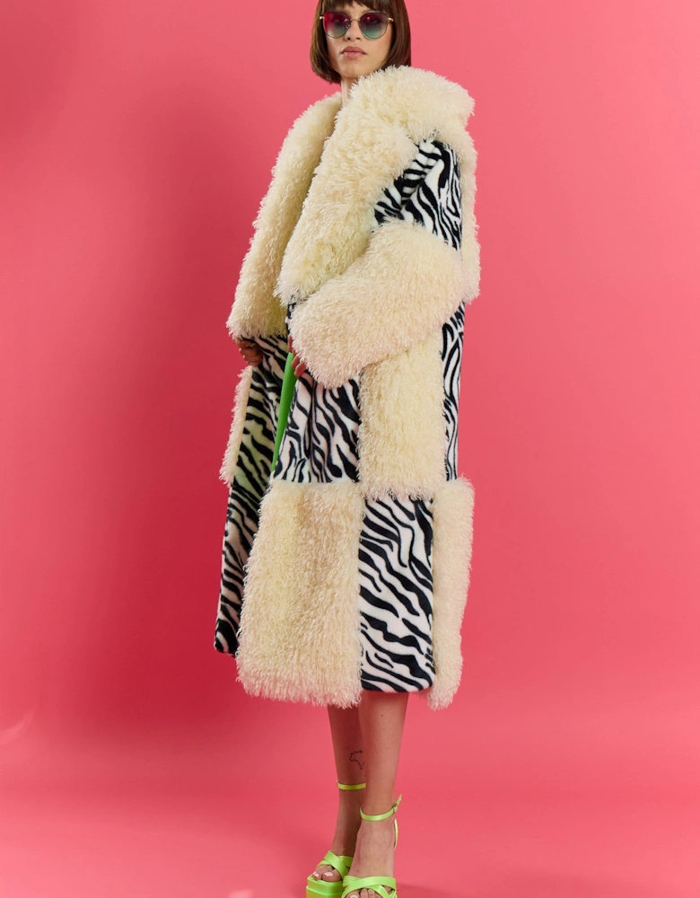 Zebra Print And White Faux Fur Bamboo Checked Maxi Coat