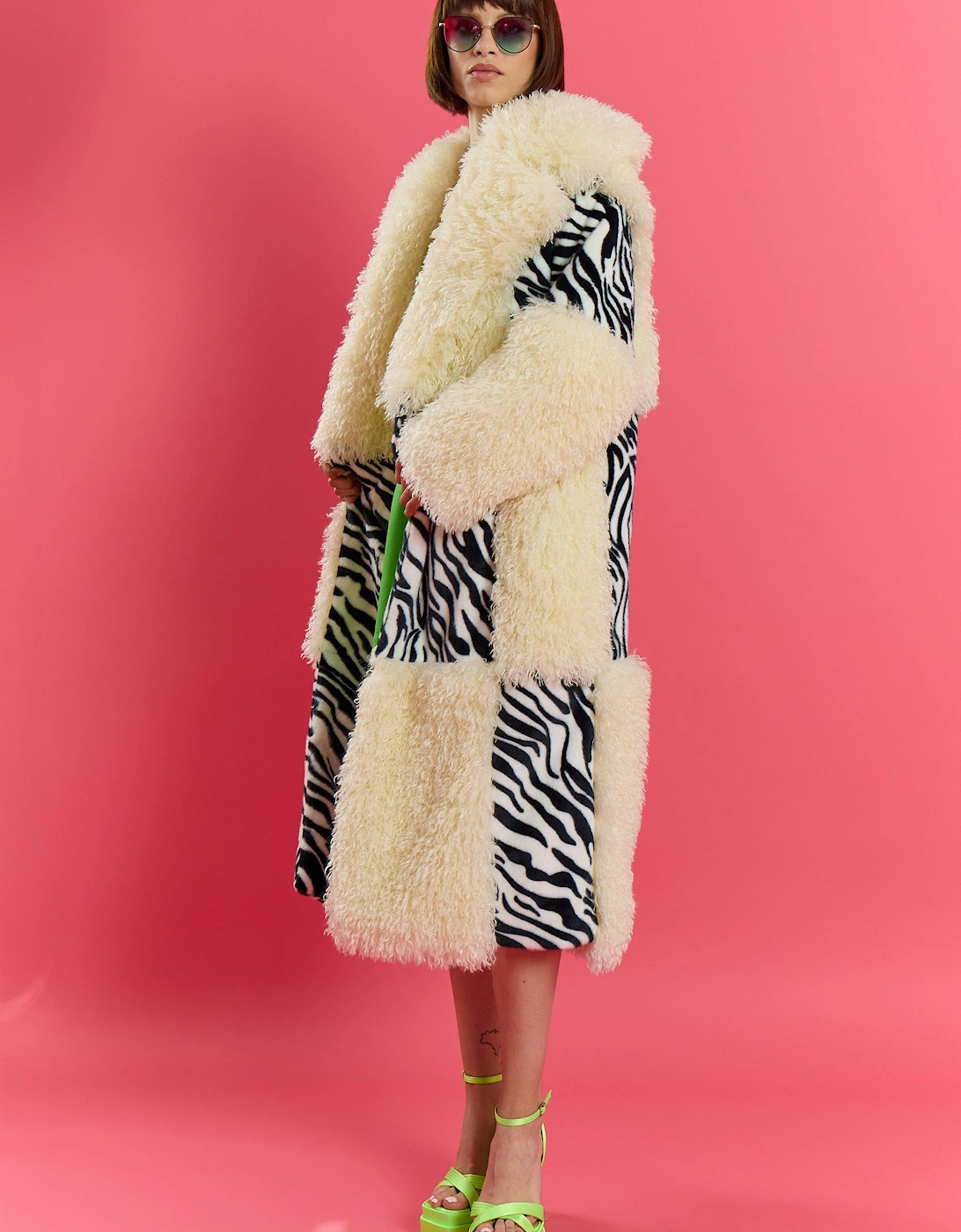 Zebra Print And White Faux Fur Bamboo Checked Maxi Coat